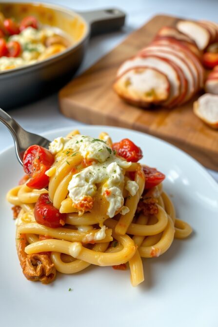 Juicy grilled lemon herb chicken beside baked feta pasta