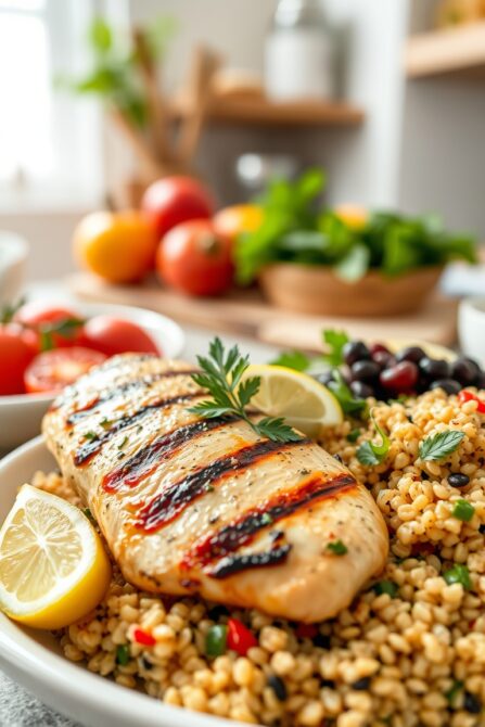 fresh quinoa salad with grilled lemon herb chicken