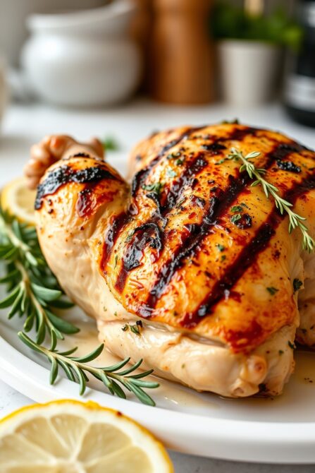 close-up of grilled lemon herb spatchcock chicken