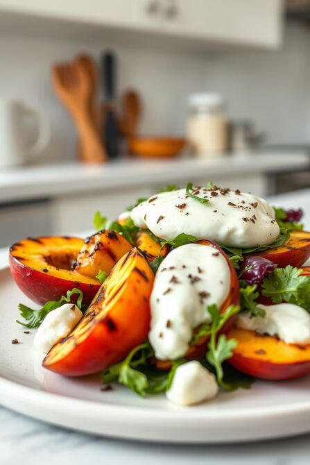 Easy peach salad with grilled peaches and burrata
