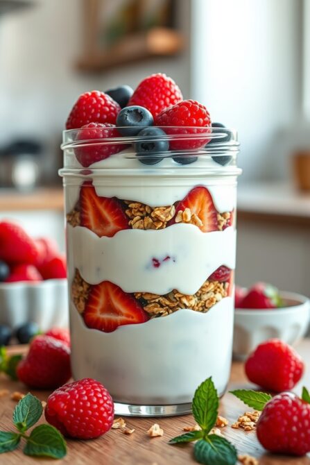 fresh berry parfait in mason jar