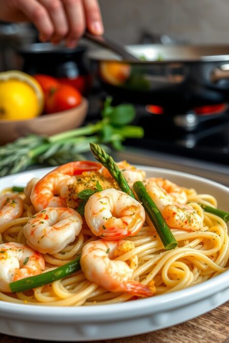 fresh shrimp scampi linguine, a spring pasta recipe with asparagus
