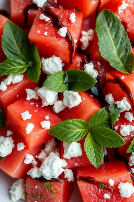 summer fruit salad with watermelon feta and balsamic glaze