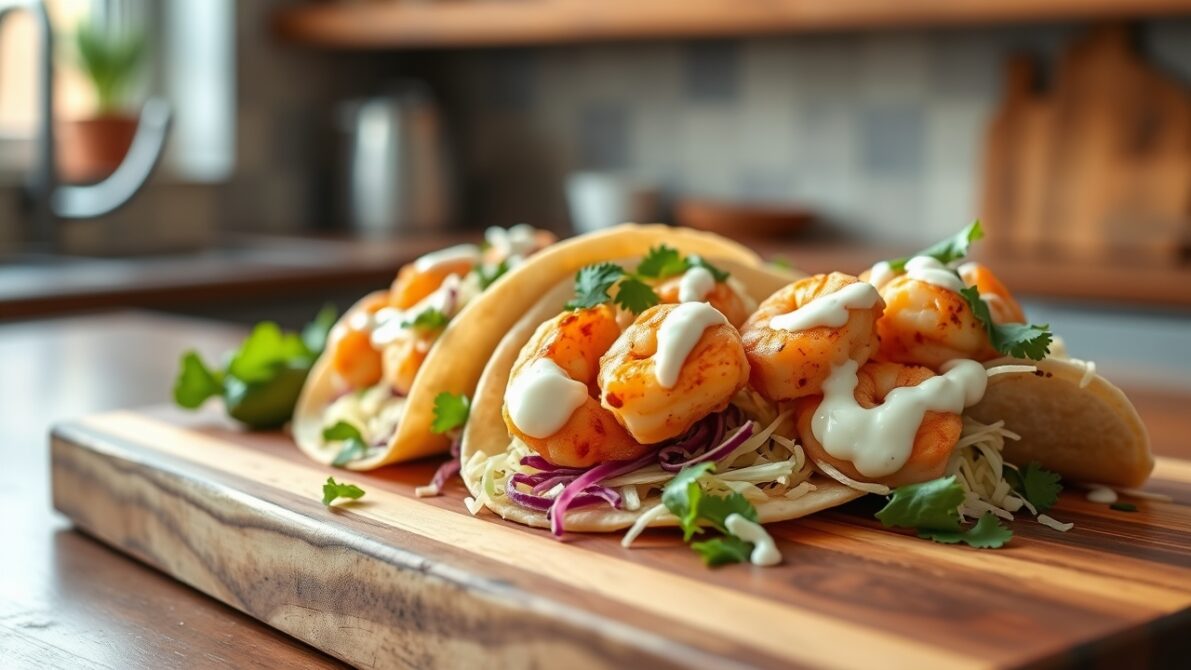 close-up of cajun shrimp tacos