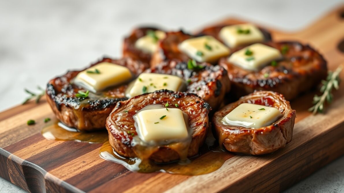 garlic butter steak bites served with herbs