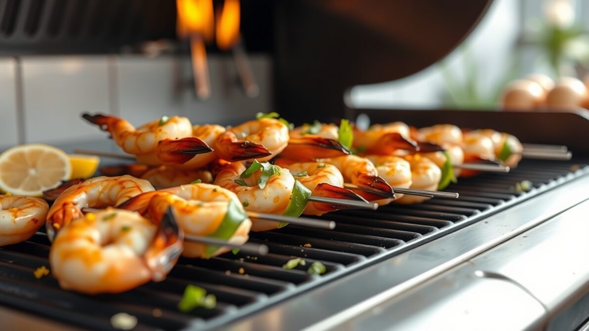 Lemon garlic shrimp skewers on grill