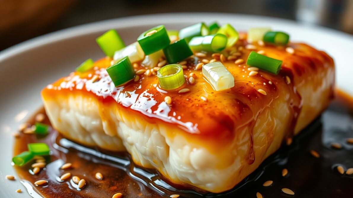 glazed cod with sesame garnish