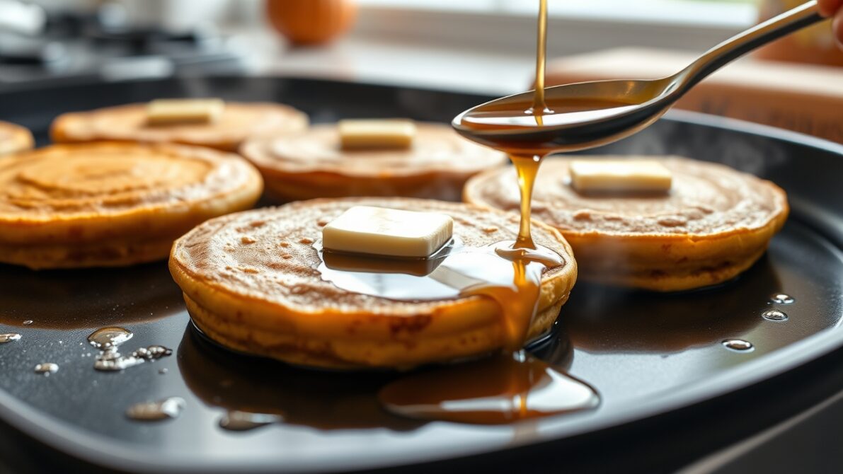 pumpkin spice pancakes with butter and maple syrup