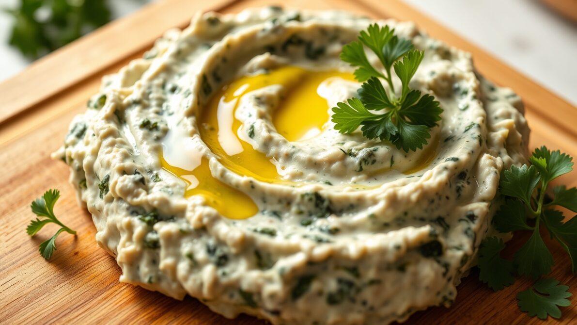 Spinach artichoke dip with olive oil drizzle