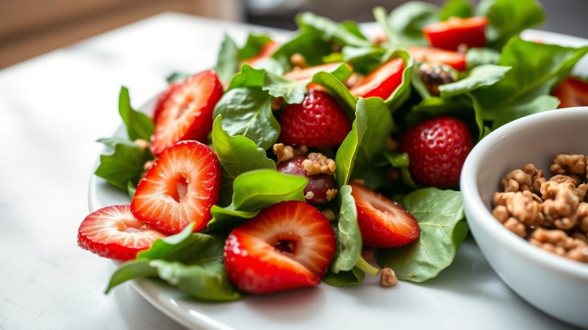 Spinach and strawberry salad bowl