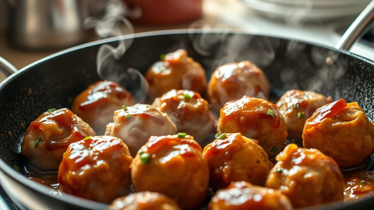 Sizzling teriyaki chicken meatballs in a skillet