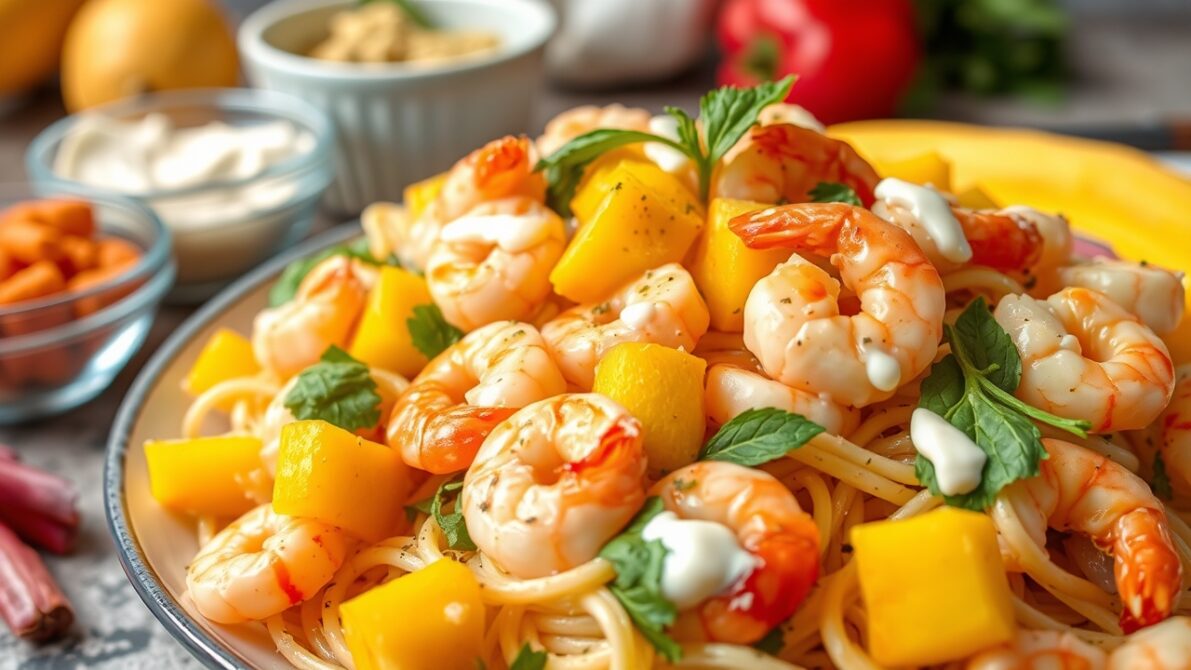 Grilled shrimp pasta salad with mango