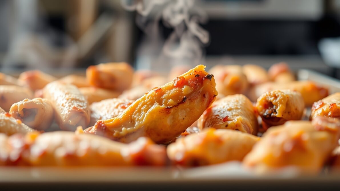 golden crispy baked chicken wings on a baking sheet