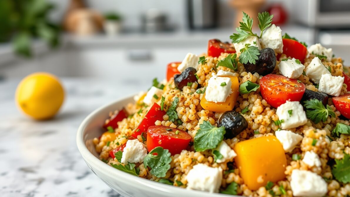 Colorful quinoa salad with Mediterranean ingredients
