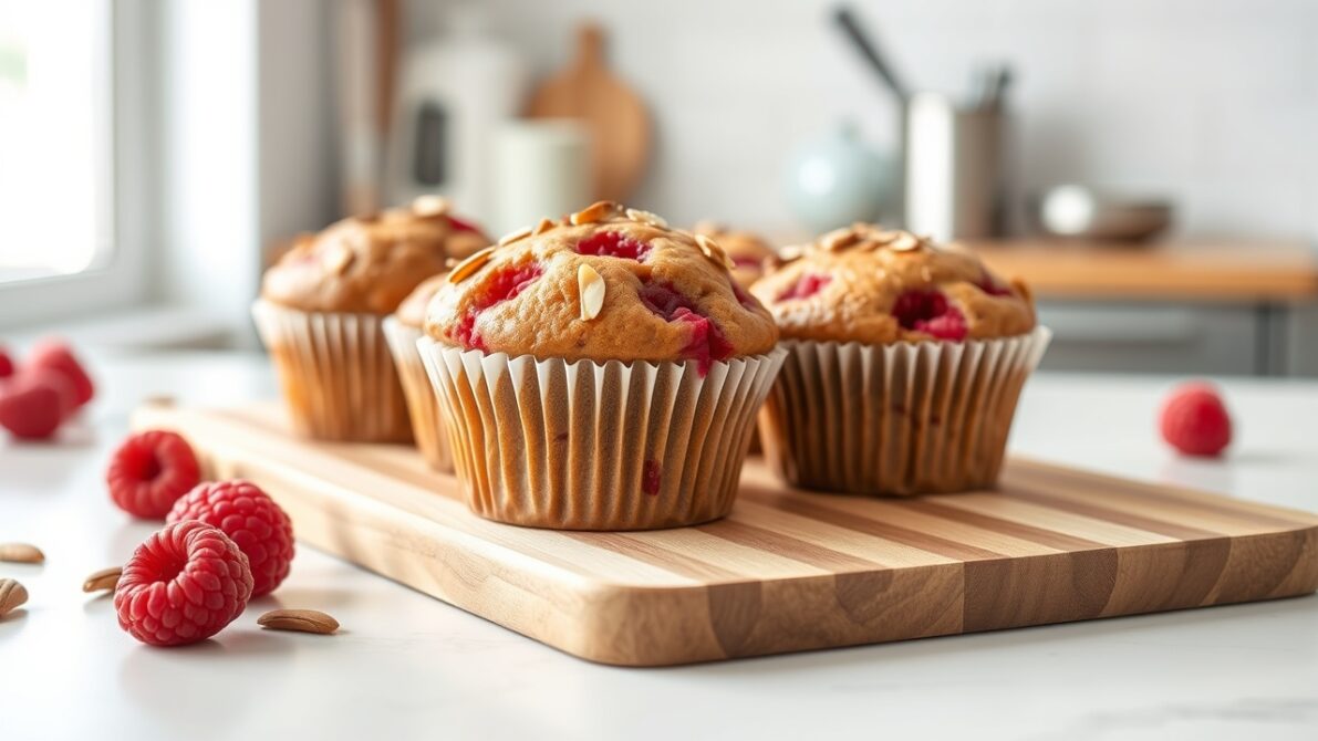 fresh raspberry almond muffins on a wooden board